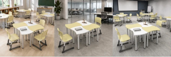 Multi person desks arranged in flexible group layouts for collaborative learning, classroom discussions, and team-based activities Multi person desks arranged in flexible group layouts for collaborative learning, classroom discussions, and team-based activities